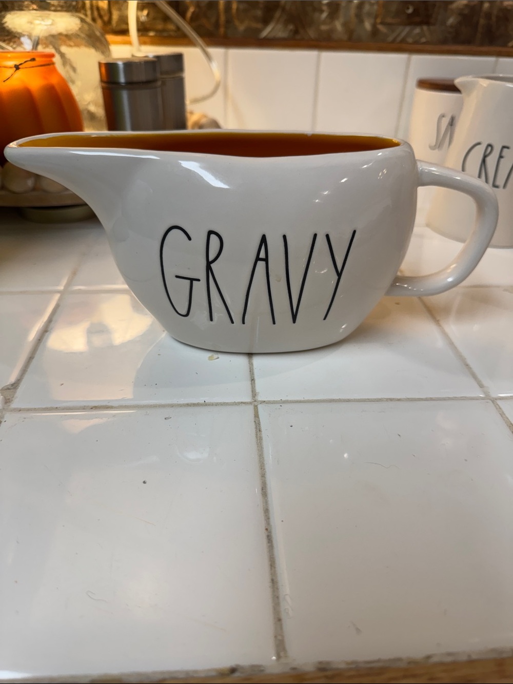 Rae Dunn Style White Gravy Boat with Amber Interior